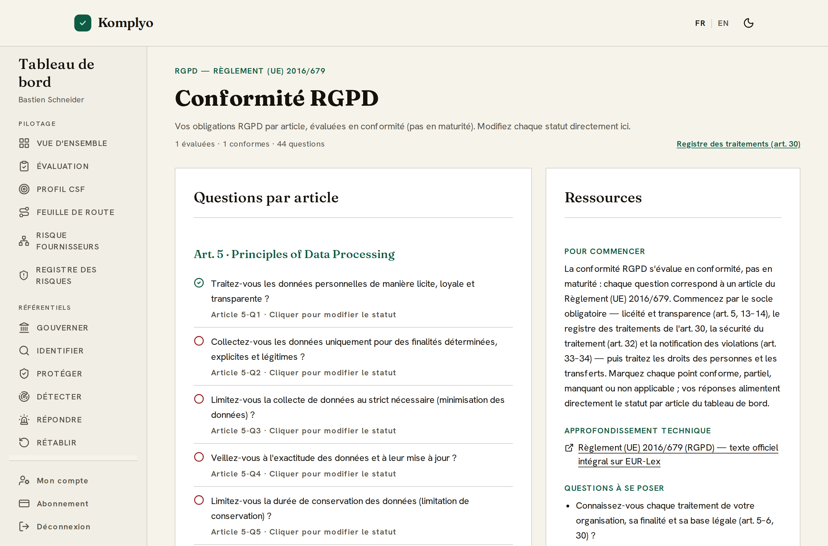 Conformité RGPD par article et statut de mise en conformité