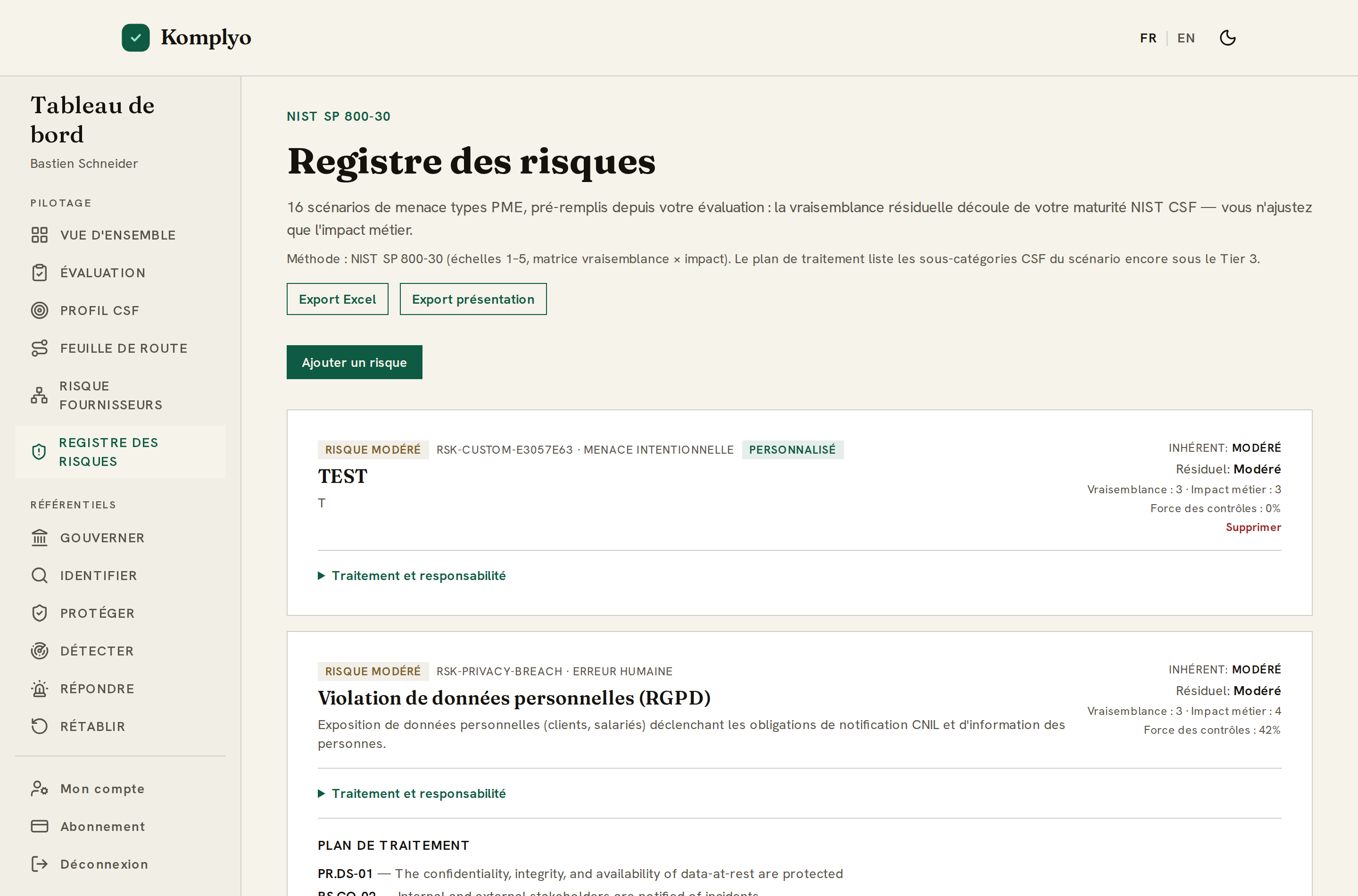 Registre des risques à 16 scénarios avec cotation