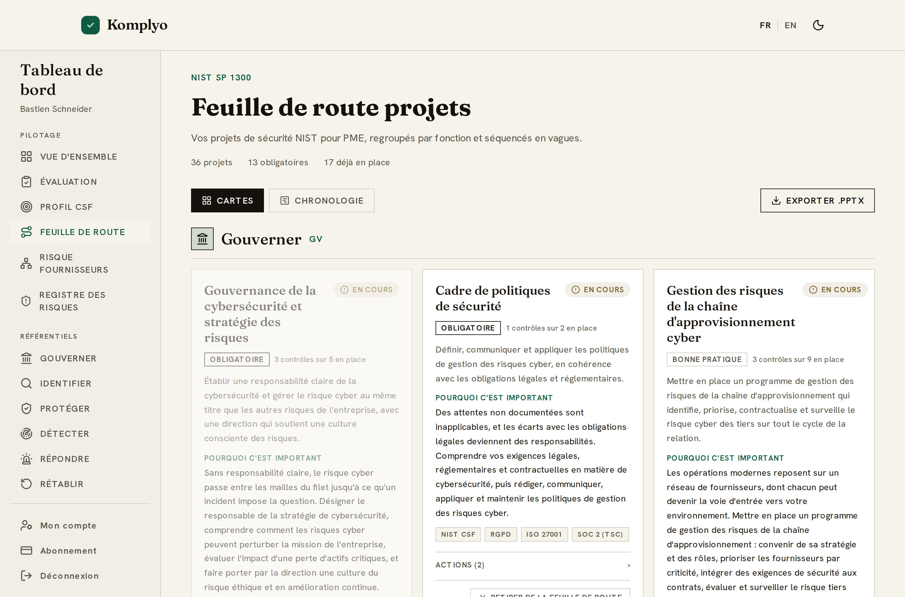 Plan d'action priorisé Komplyo avec scores risque, urgence et effort