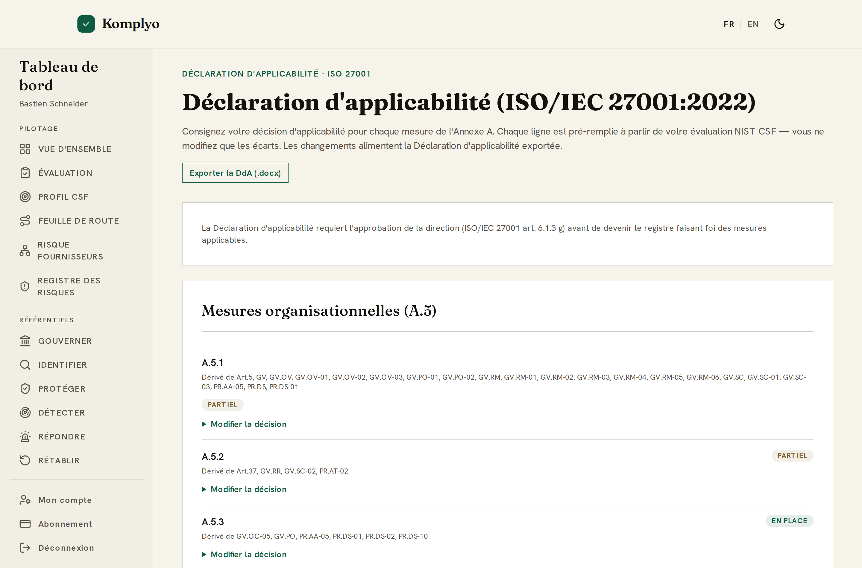 Déclaration d'applicabilité ISO 27001 (SoA) éditable dans Komplyo