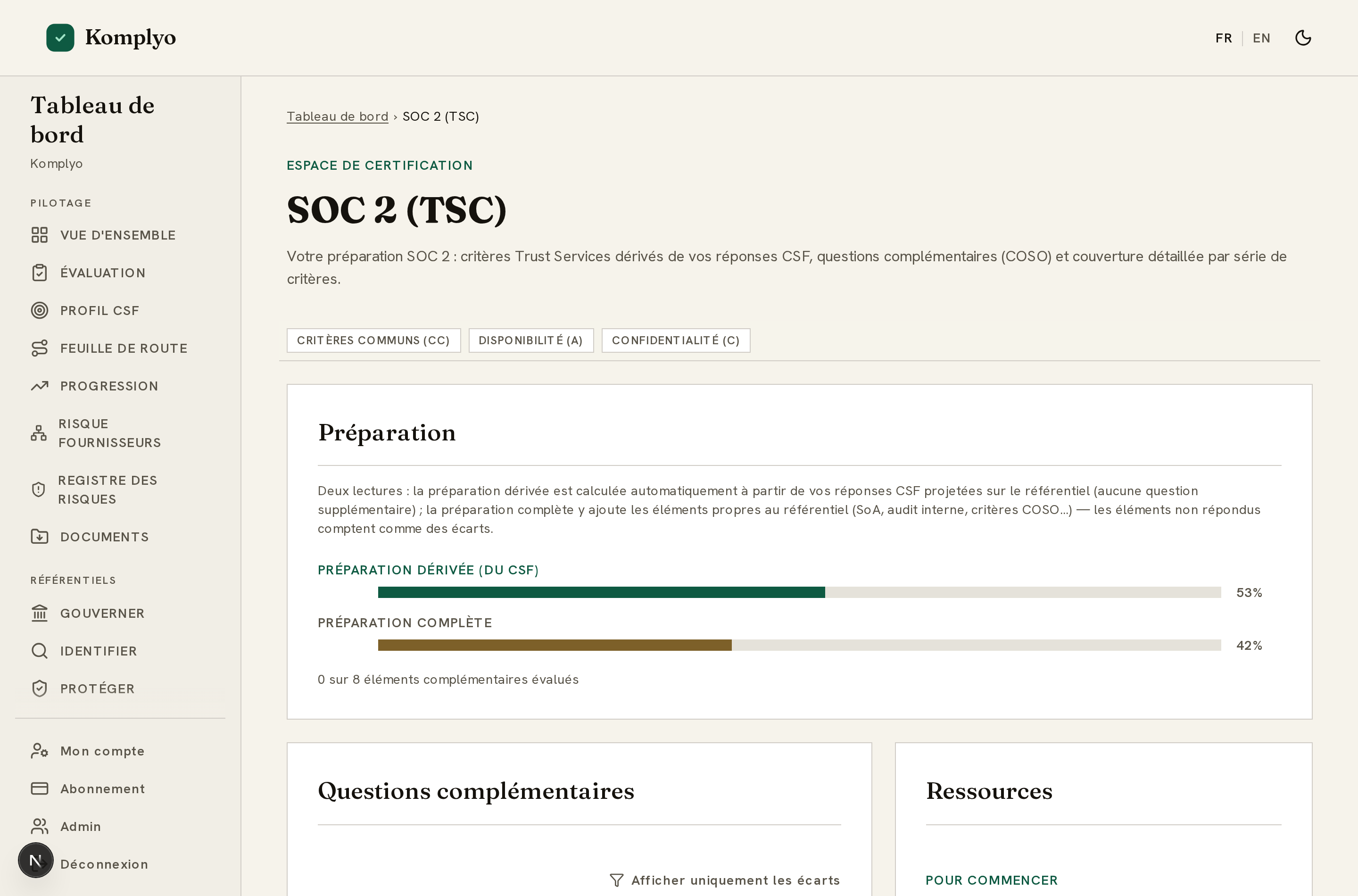 Espace de travail SOC 2 de Komplyo : couverture des Trust Services Criteria