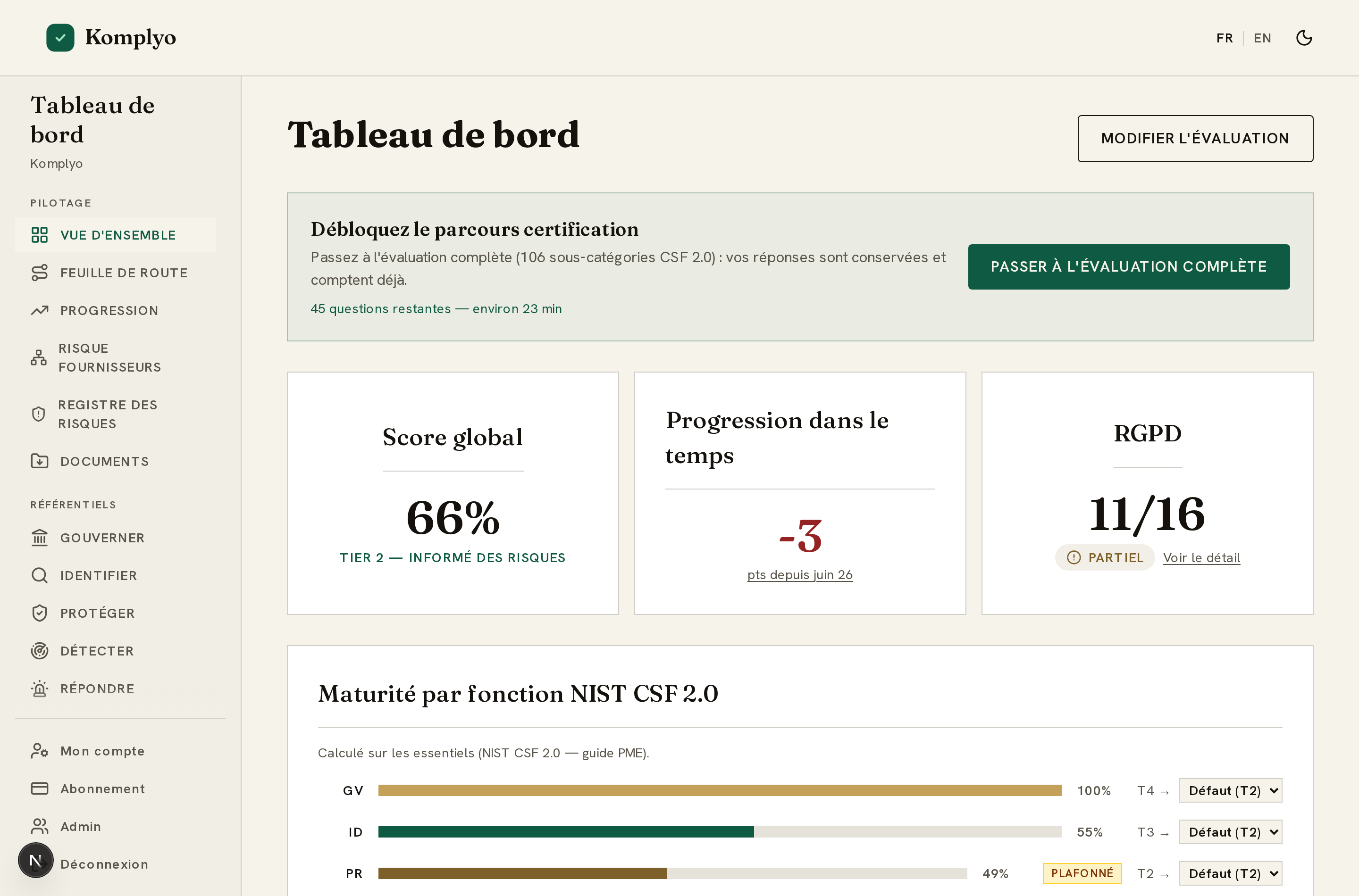 Tableau de bord Komplyo en profondeur légère (bonnes pratiques PME)
