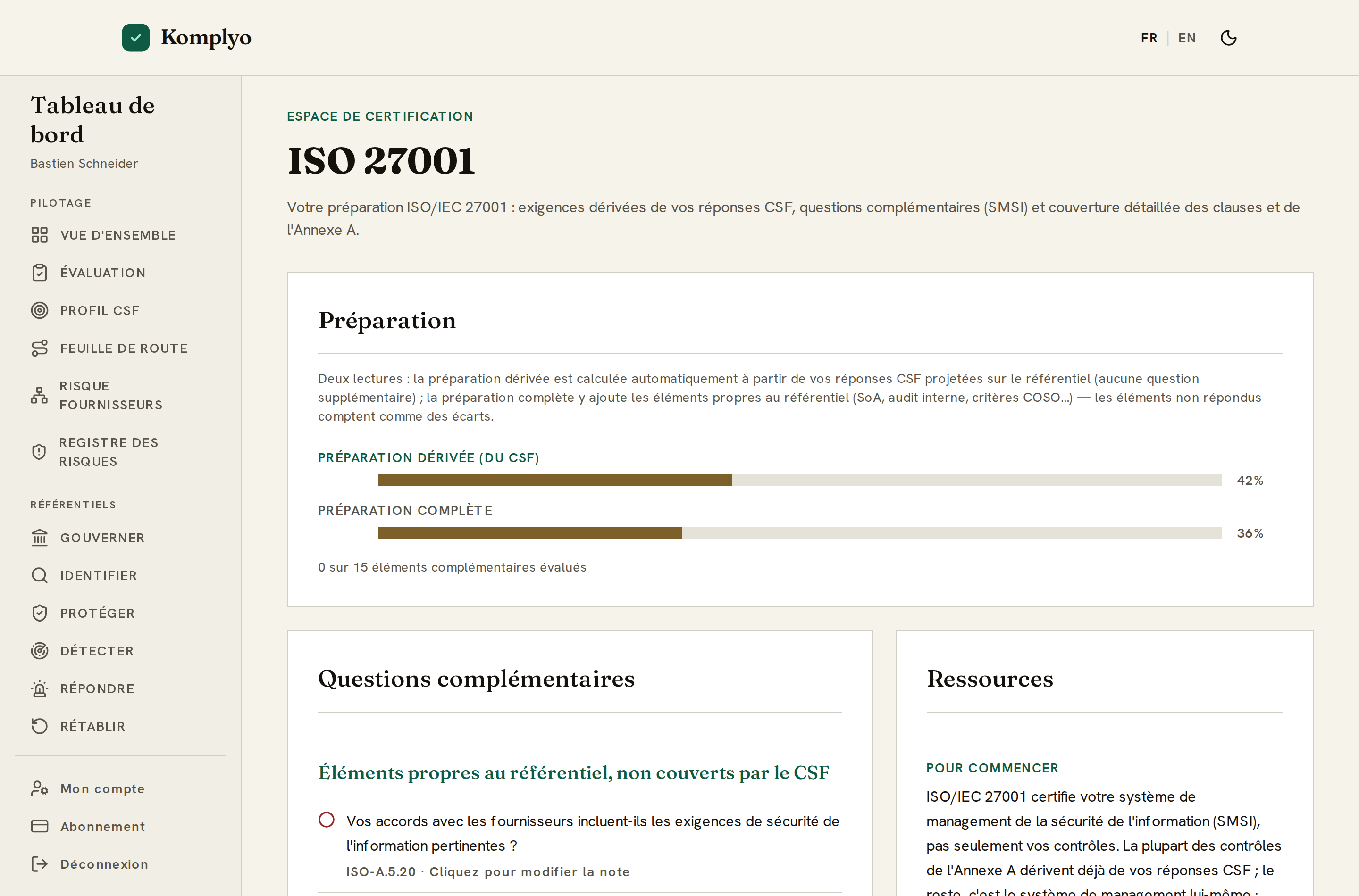 Préparation ISO 27001 et SOC 2 projetée depuis l'évaluation CSF 2.0