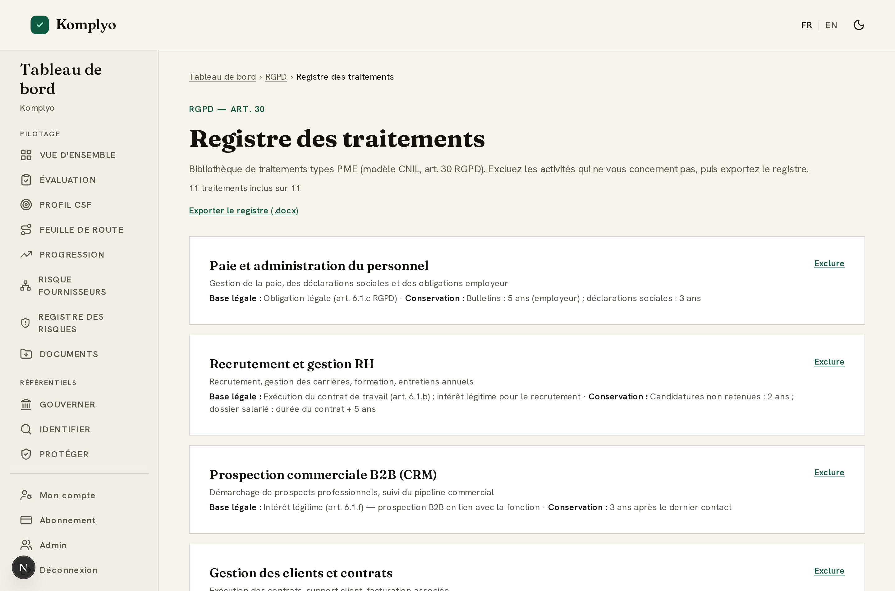Registre des activités de traitement (Art. 30) dans Komplyo