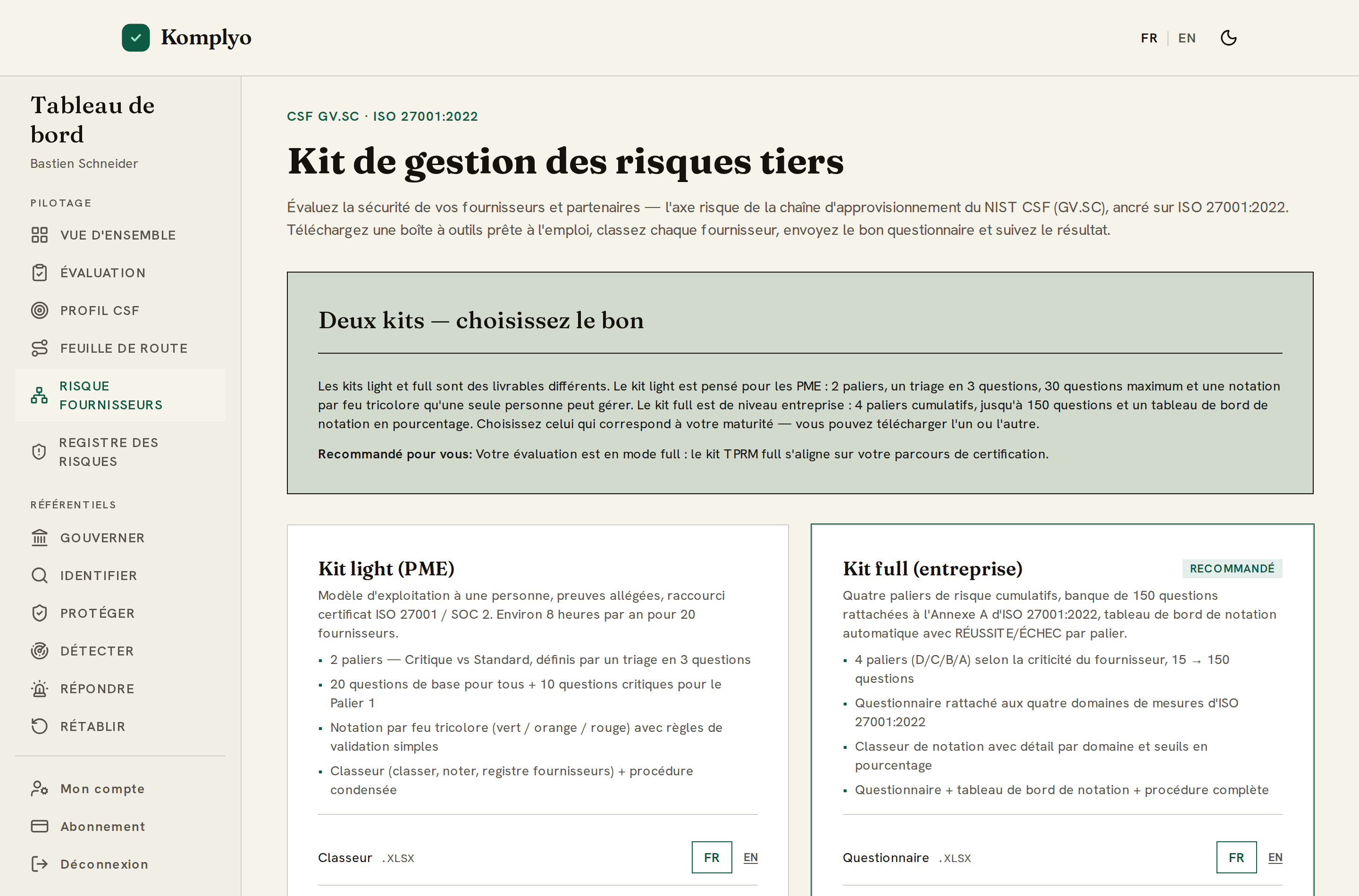 Questionnaires de sécurité fournisseurs (TPRM) dans Komplyo